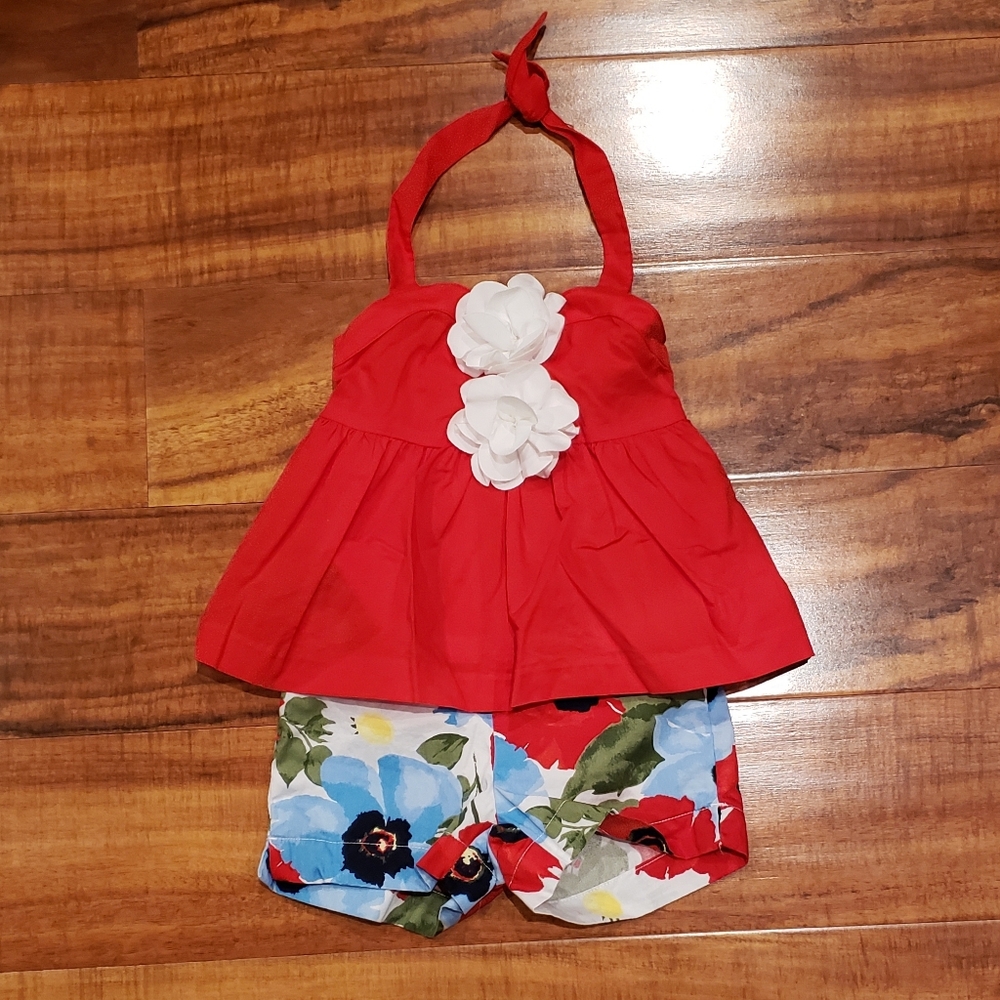 Janie and Jack NWOT 12-18 month red haulter top w/ ivory rosettes, floral shorts